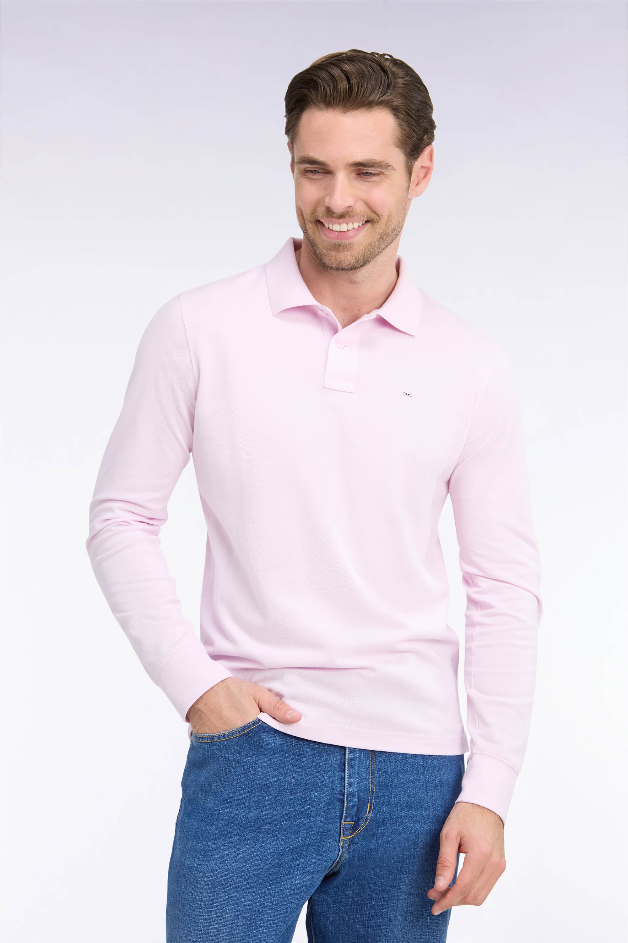 Poloshirt lange Ärmel aus Baumwolle Pima rosa gerade Passform