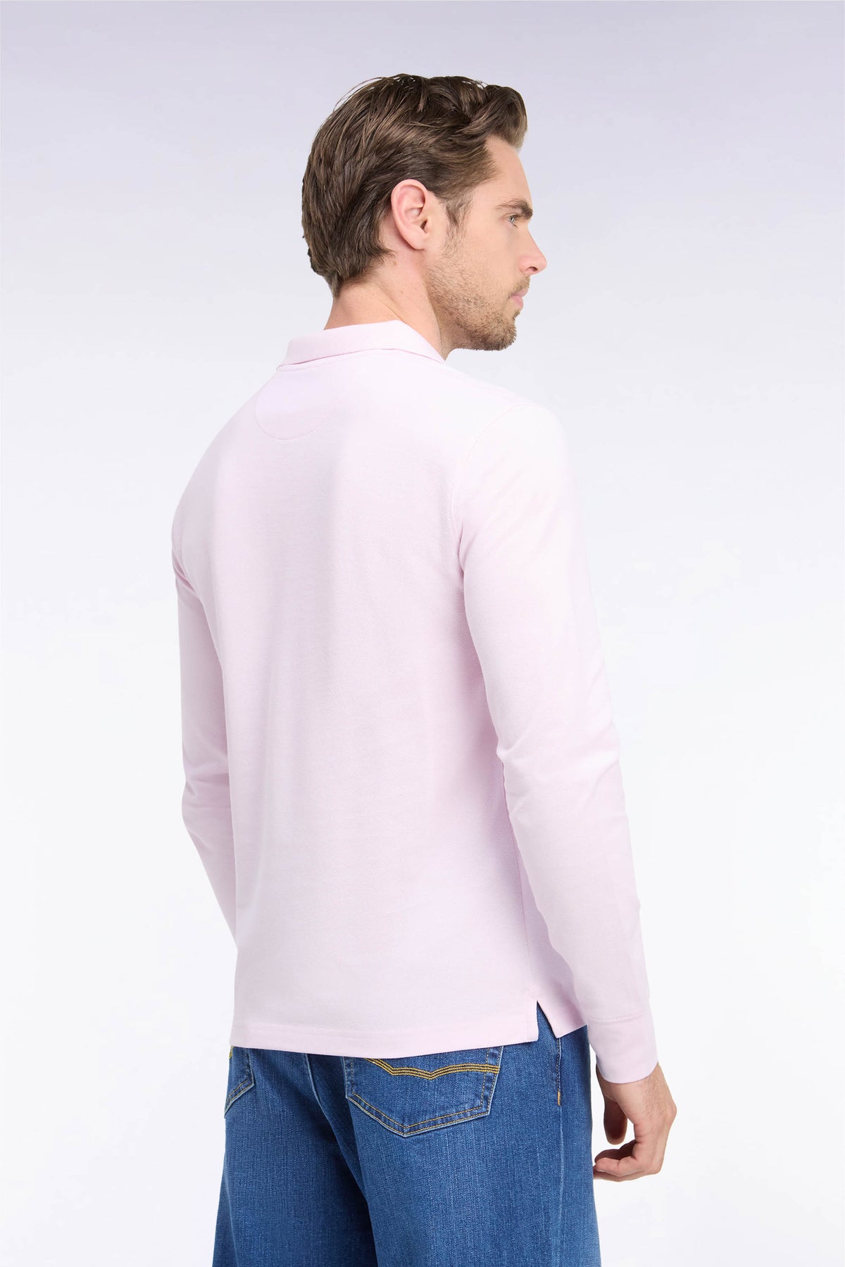 Long-sleeved straight-cut pink Pima cotton polo shirt