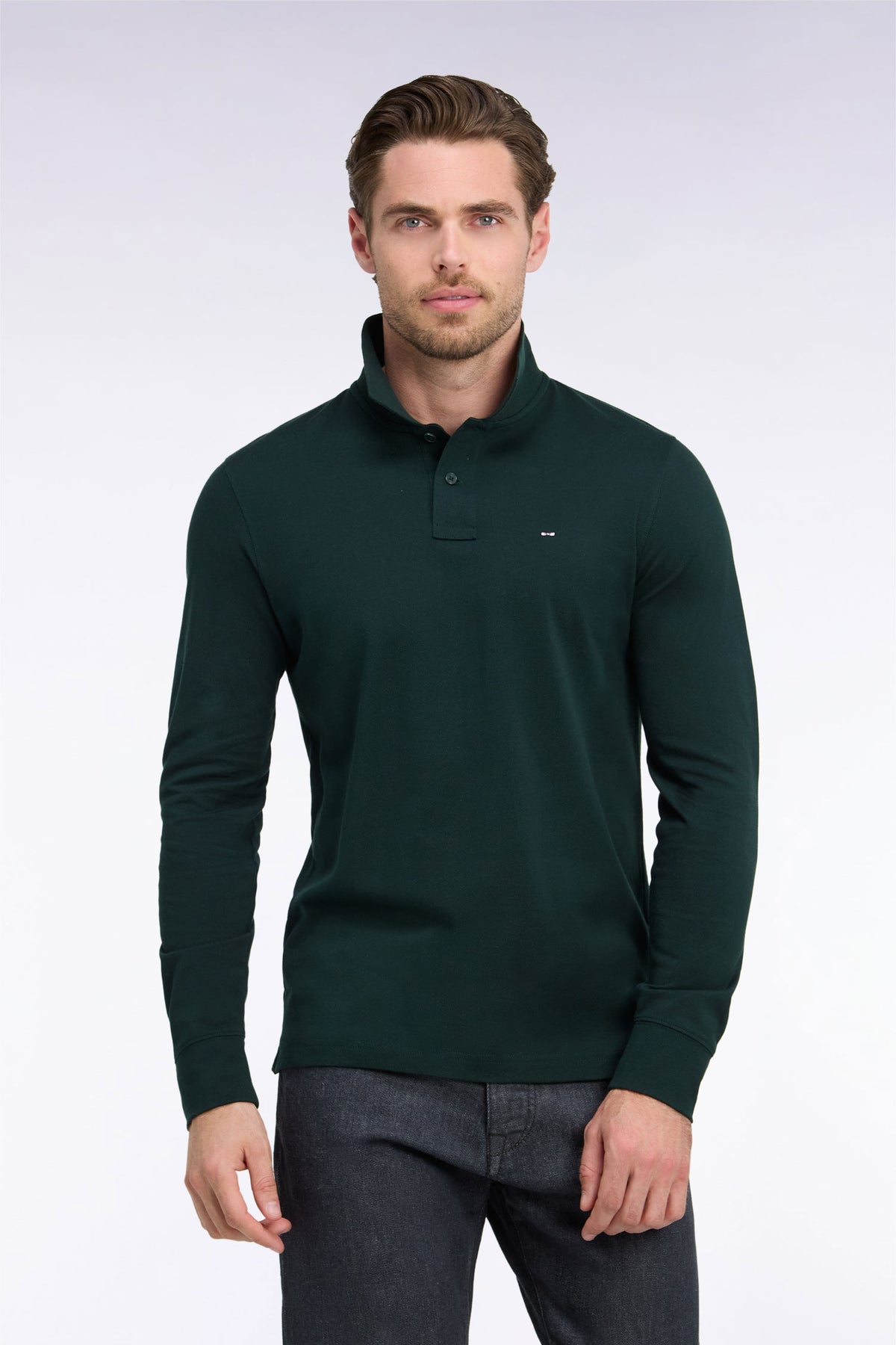 Long-sleeved polo shirt in dark green Pima cotton, straight cut