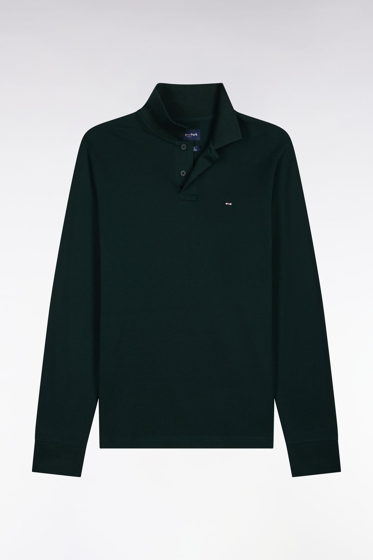 Long-sleeved polo shirt in dark green Pima cotton, straight cut