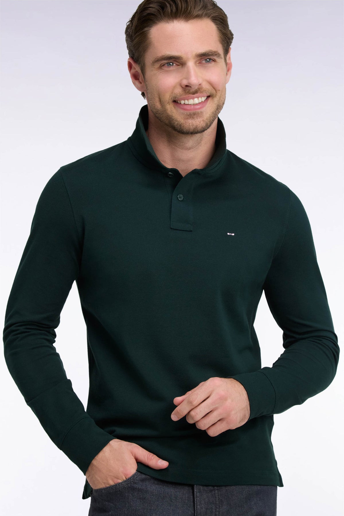 Long-sleeved polo shirt in dark green Pima cotton, straight cut