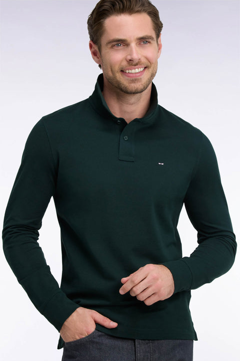 Long-sleeved polo shirt in dark green Pima cotton, straight cut - Image 1
