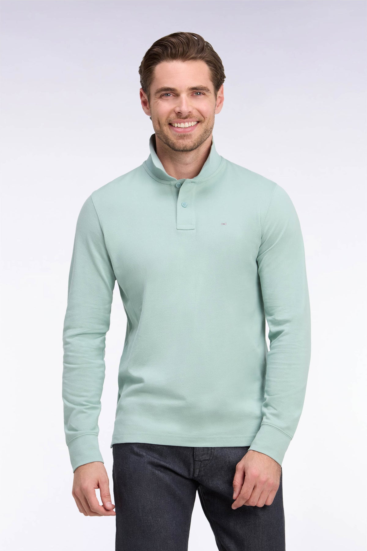 Green Pima cotton long-sleeved straight-cut polo shirt