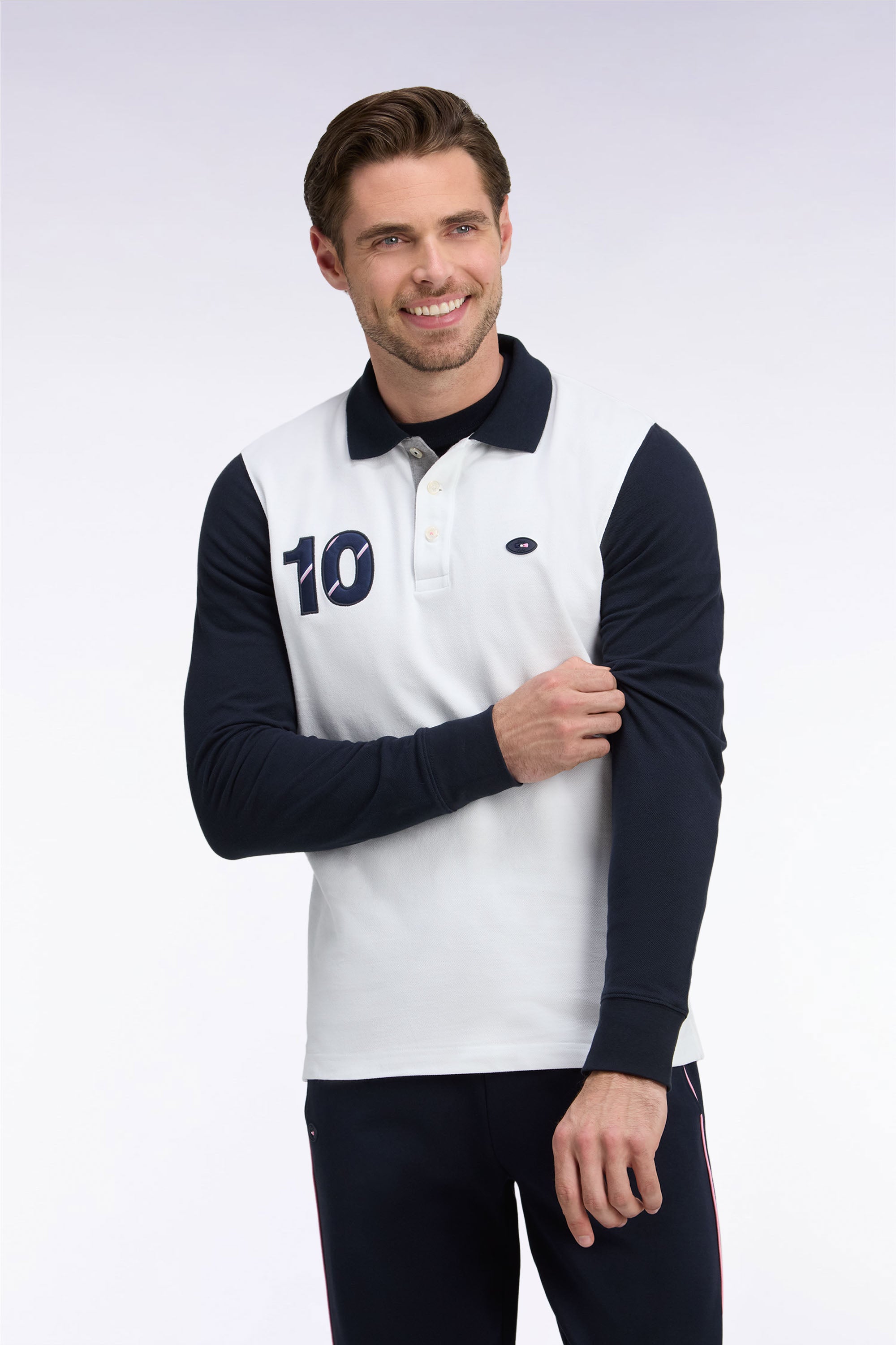 Langarm-Poloshirt aus piqué von Baumwolle peigné zweifarbig weiß XV de France