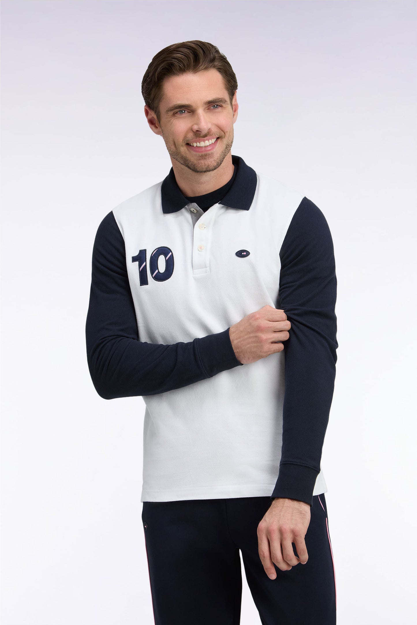 Polo à manches longues en piqué de coton peigné bicolore blanc XV de France