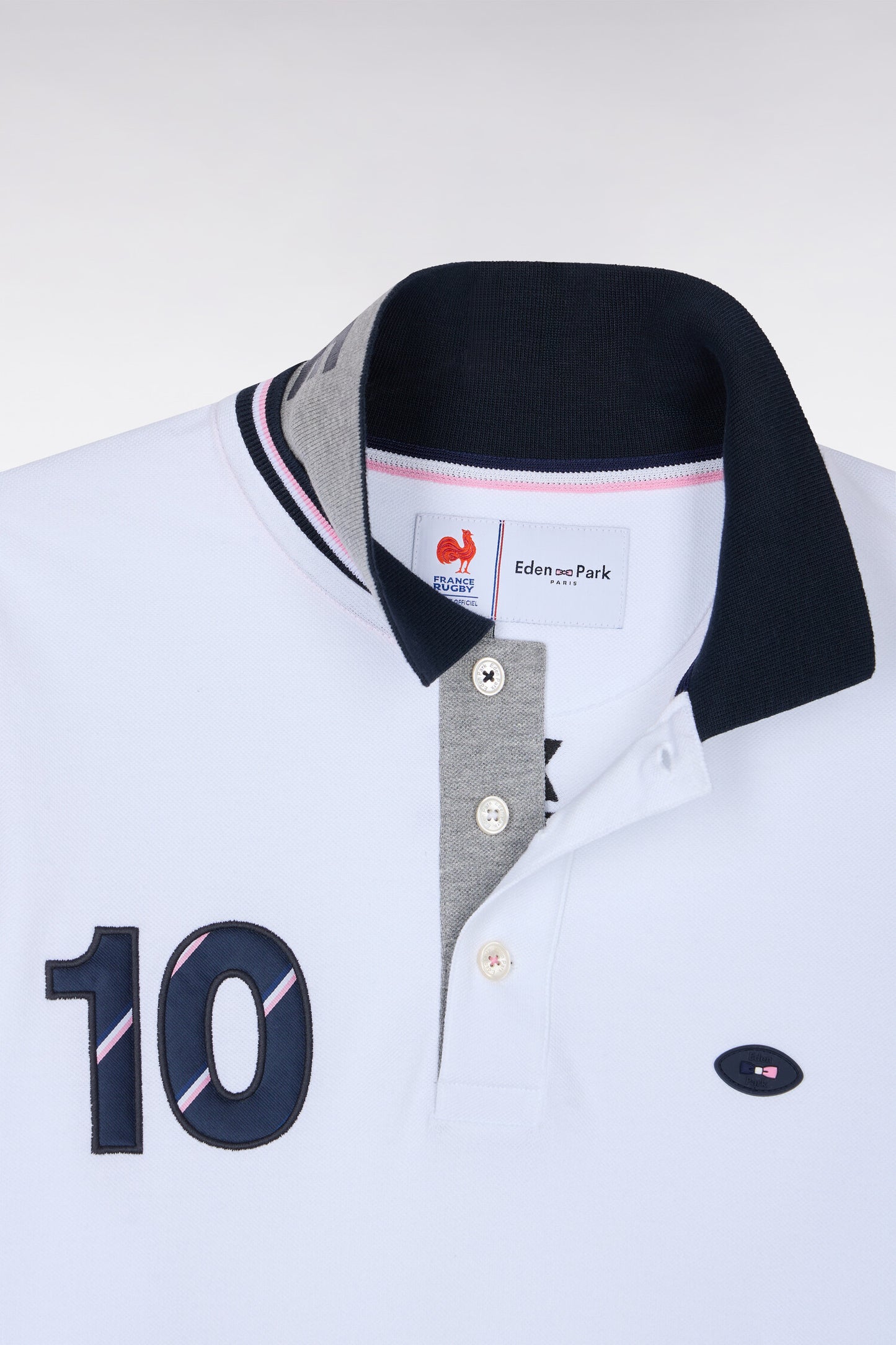 Polo à manches longues en piqué de coton peigné bicolore blanc XV de France