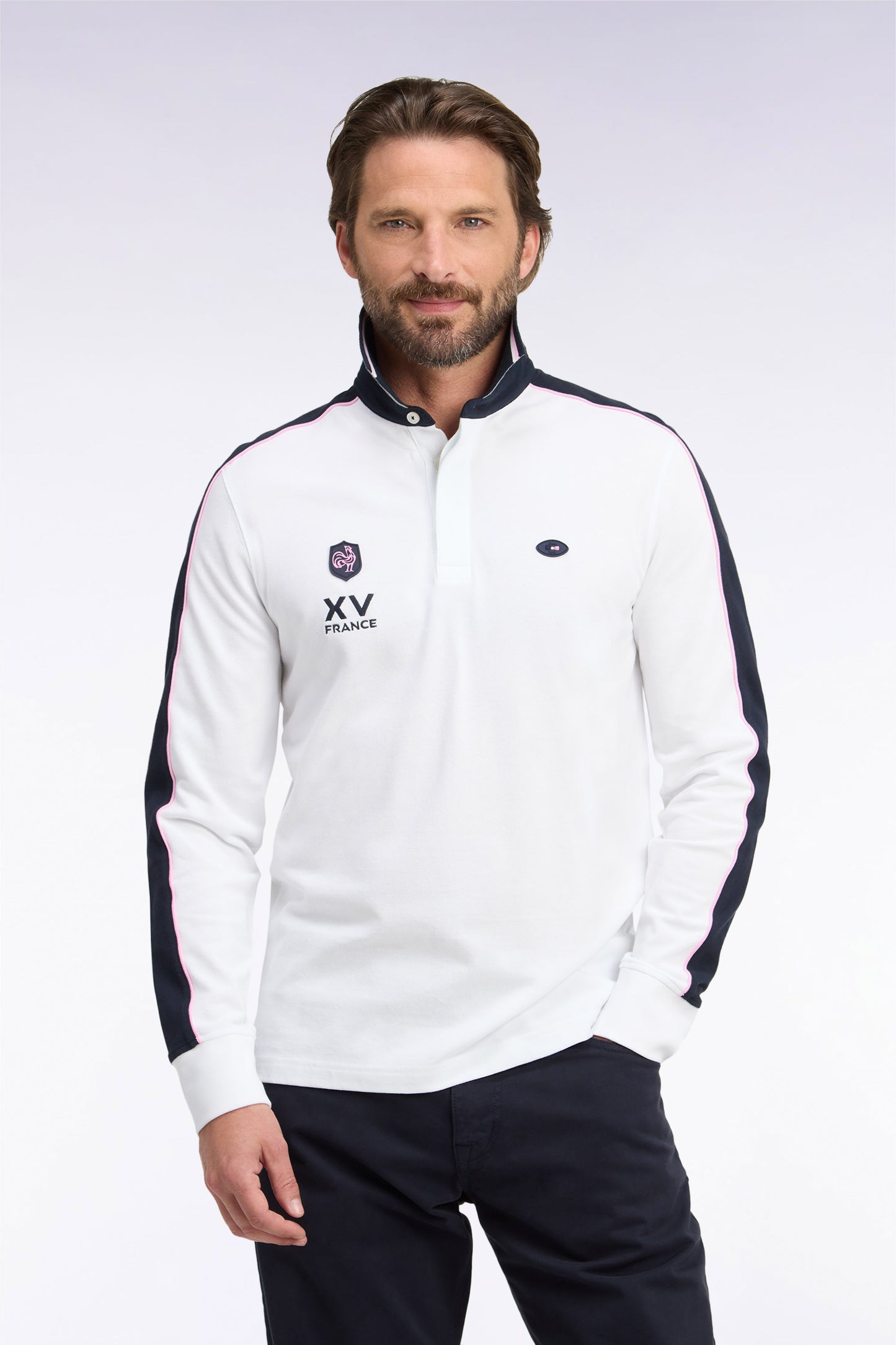 Polo à manches longues en piqué de coton peigné bicolore blanc XV de France
