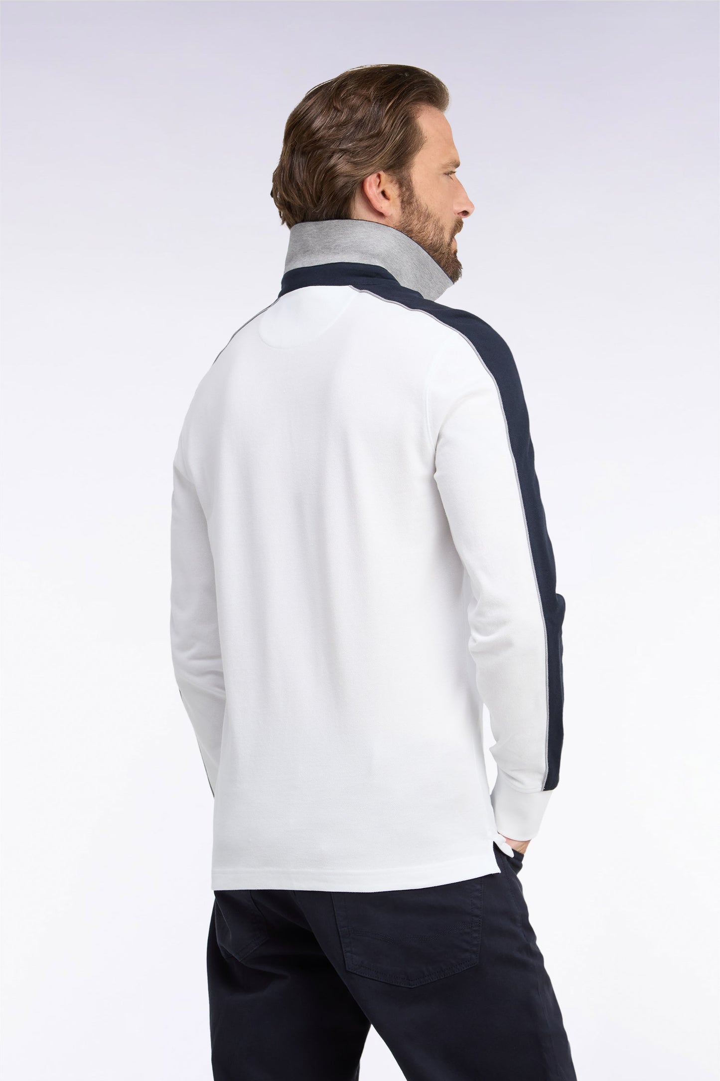 Polo à manches longues en piqué de coton peigné bicolore blanc XV de France