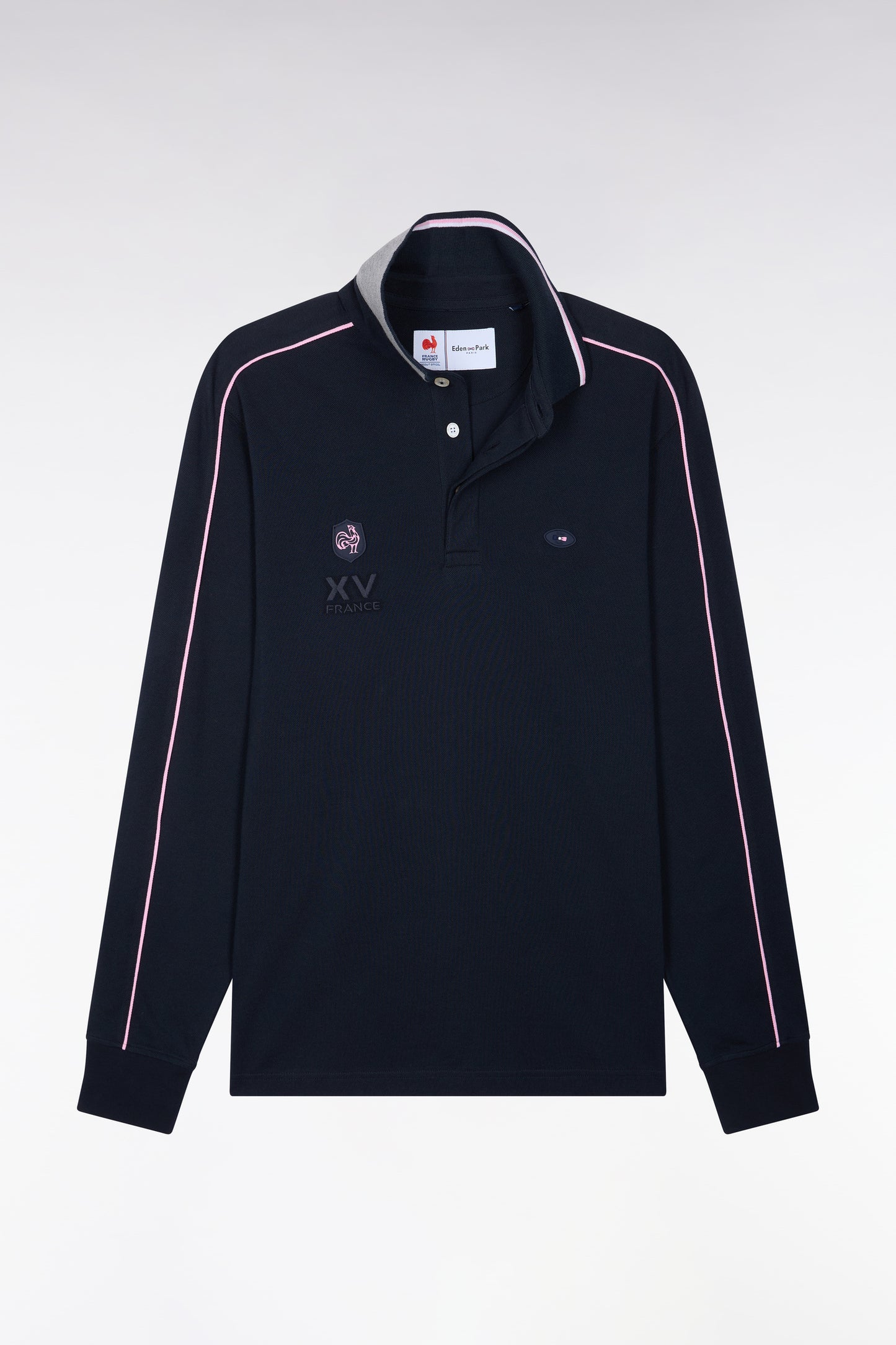 Polo à manches longues en piqué de coton peigné bicolore marine XV de France