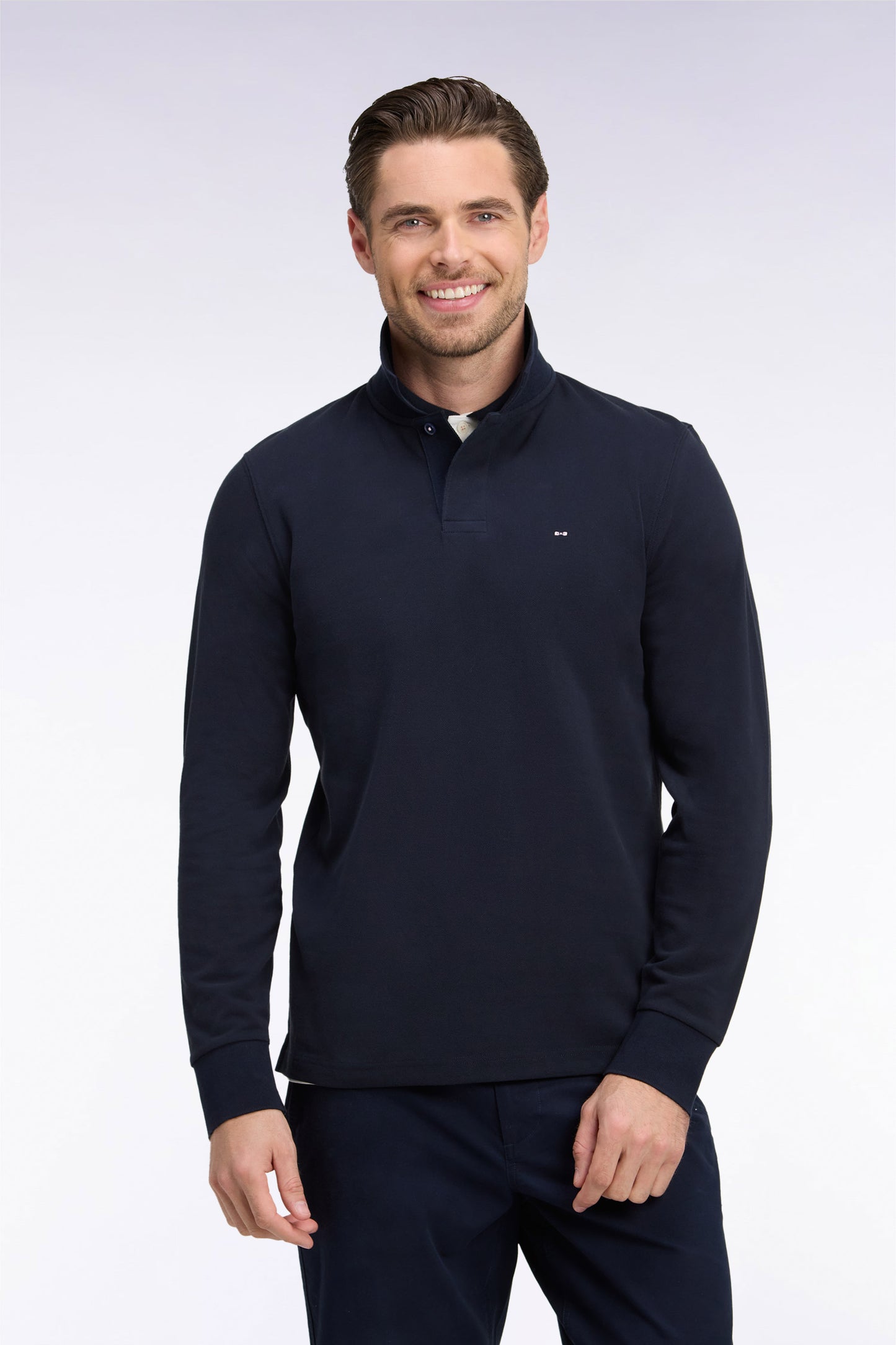 Polo à manches longues en piqué coton marine broderie dos