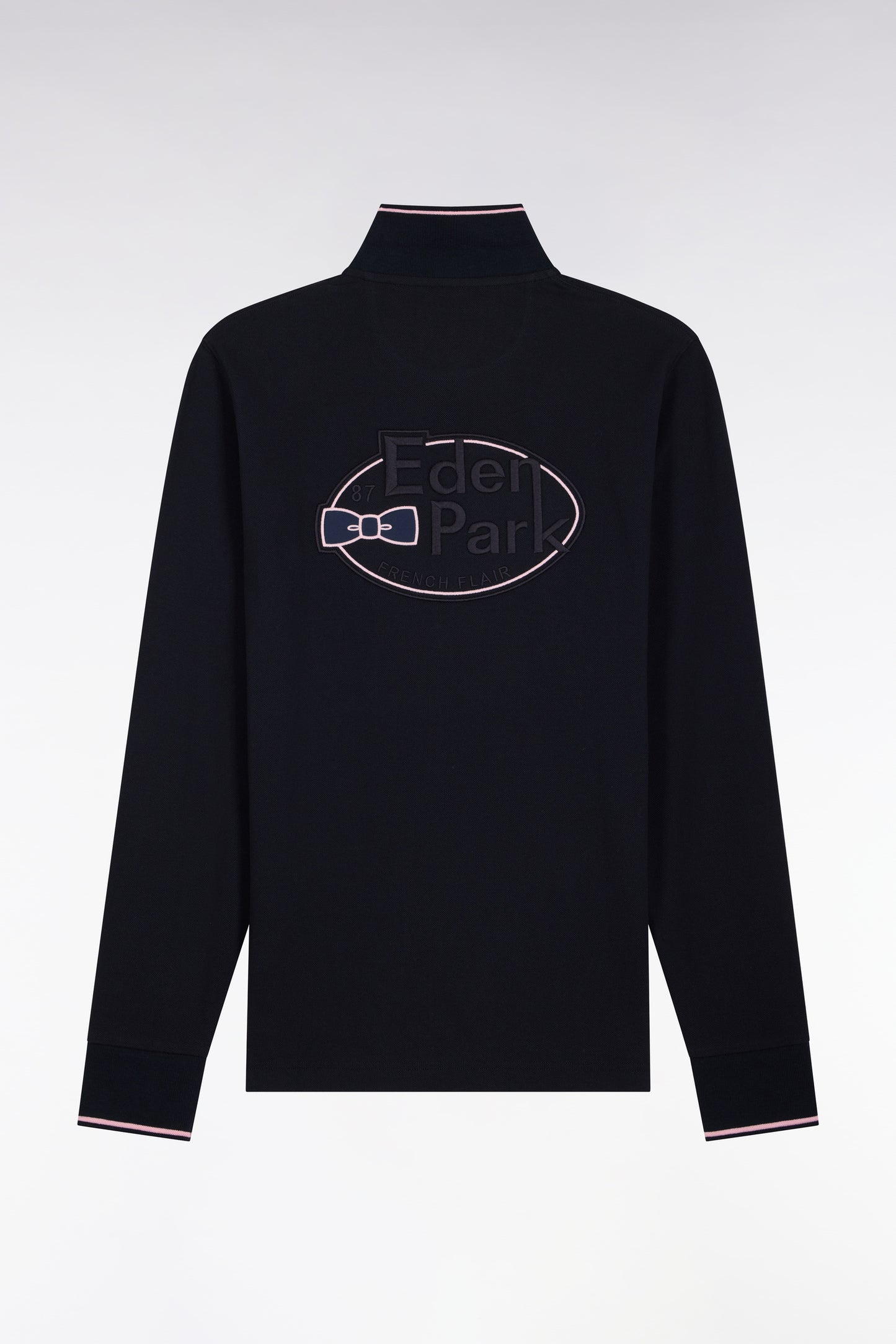 Polo à manches longues en piqué coton marine à liseré rose broderie dos
