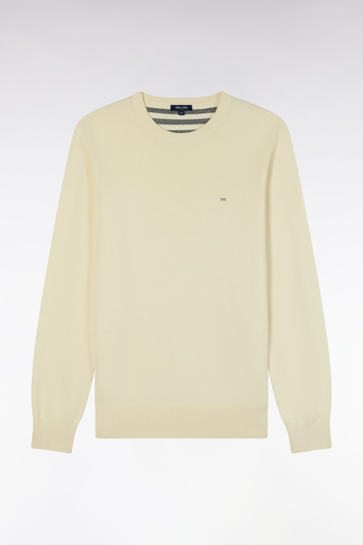 Round neck sweater in ecru wool and cotton, straight cut