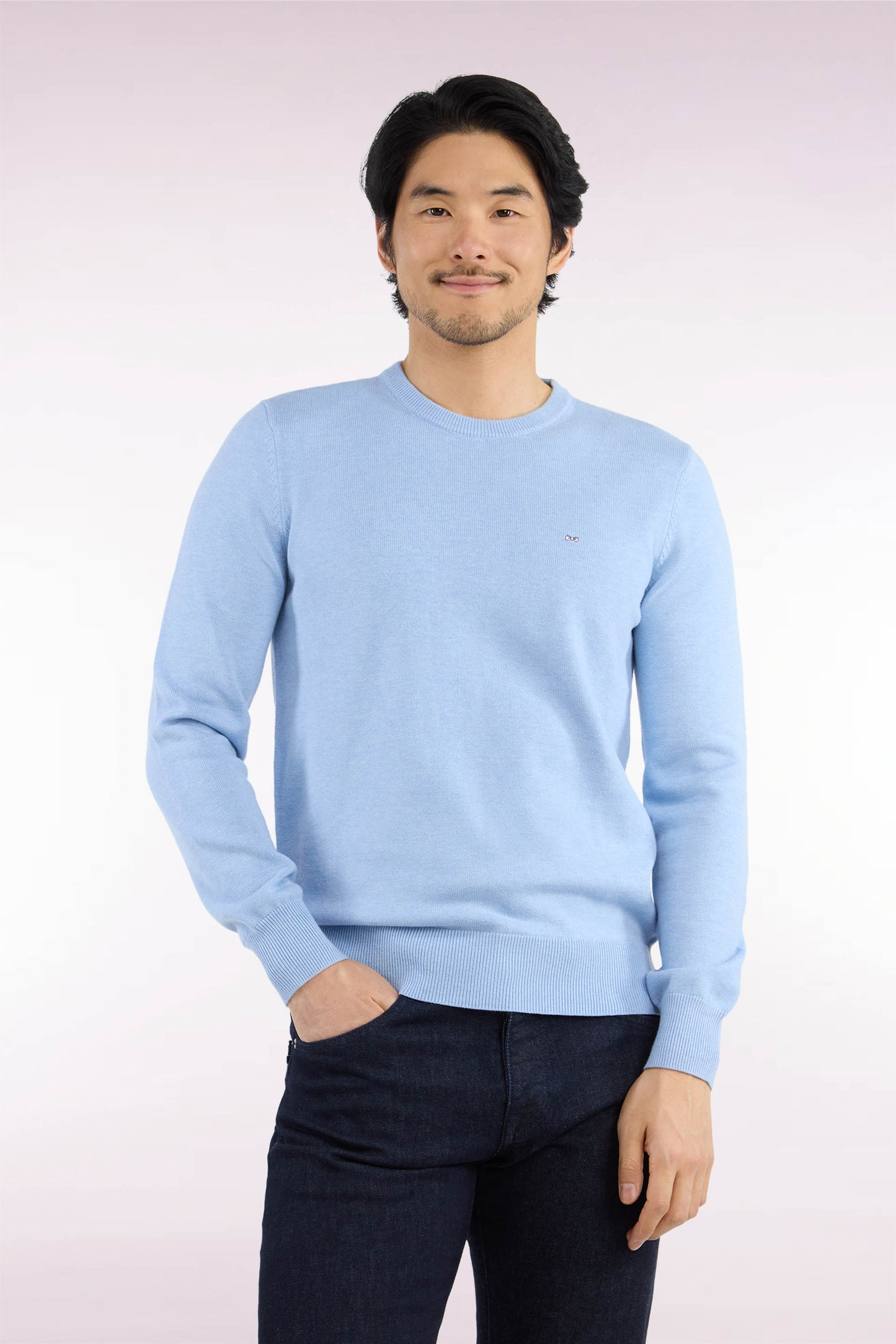 Pull col rond en laine et coton ciel coupe droite