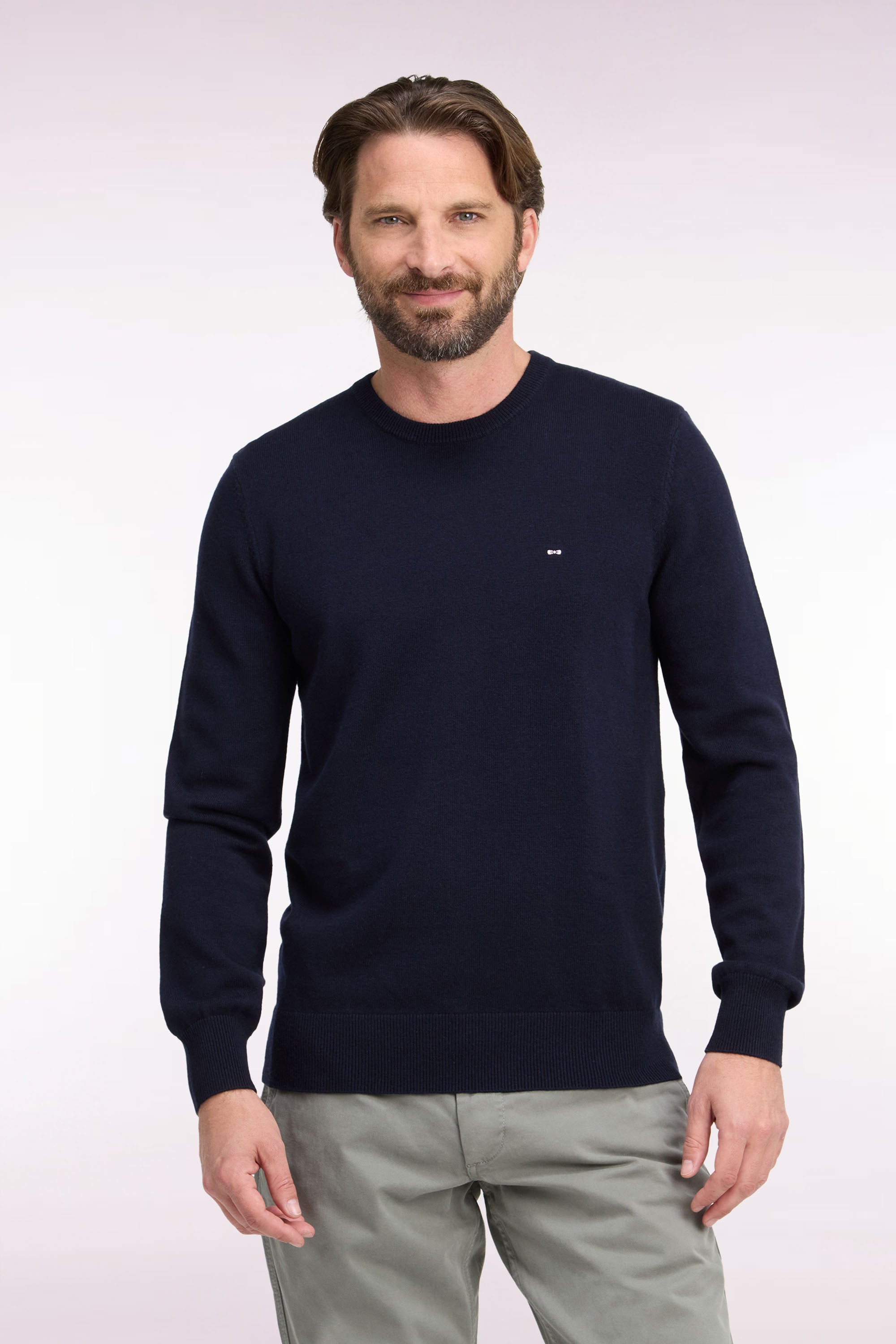 Pull col rond en laine et coton marine coupe droite