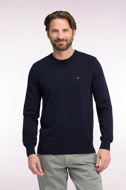 Pull col rond en laine et coton marine coupe droite - Image 3