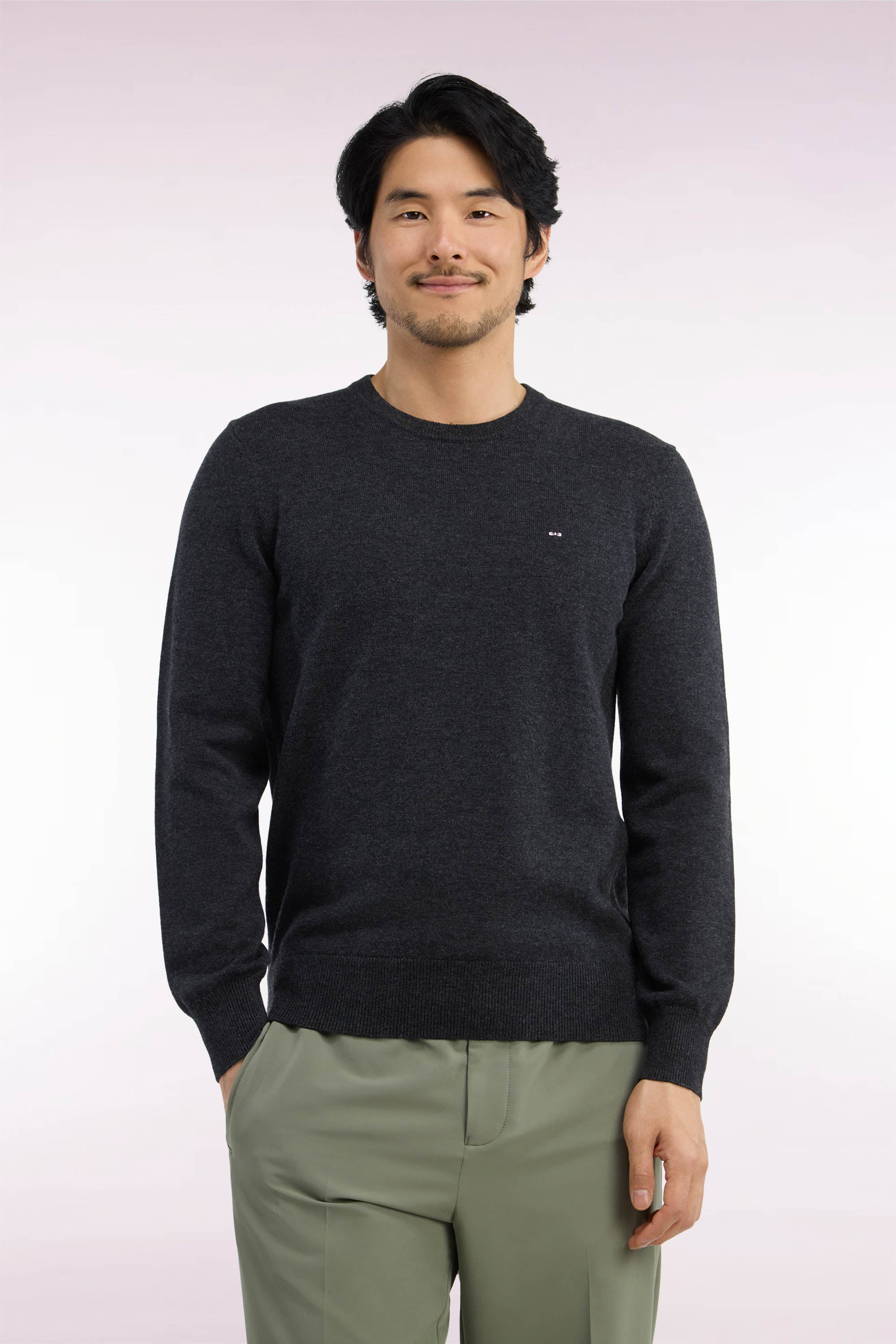 Pull col rond en laine et coton gris anthracite coupe droite