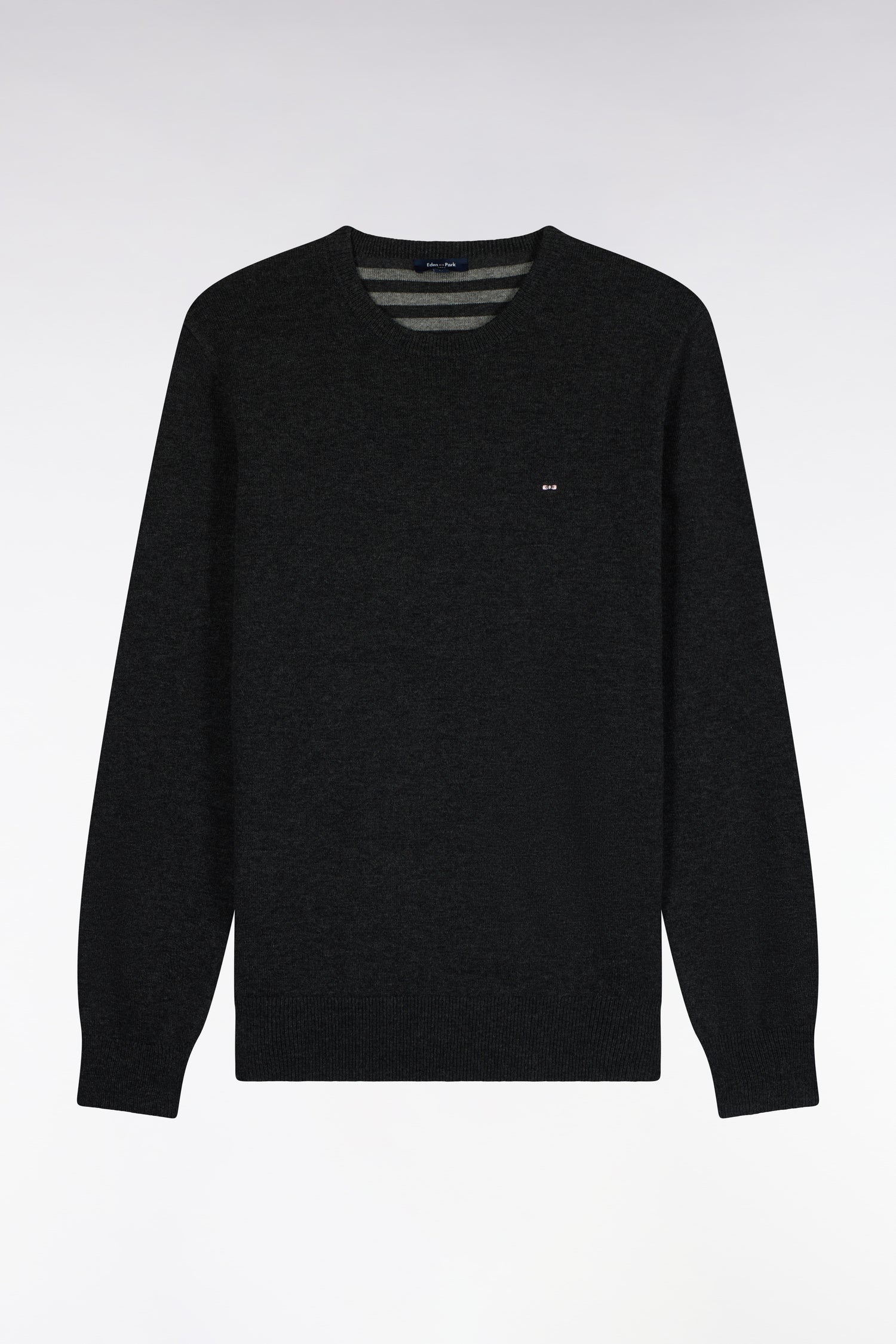 Pull col rond en laine et coton gris anthracite coupe droite