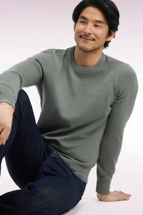Pull col rond en laine et coton vert olive coupe droite - Image 1