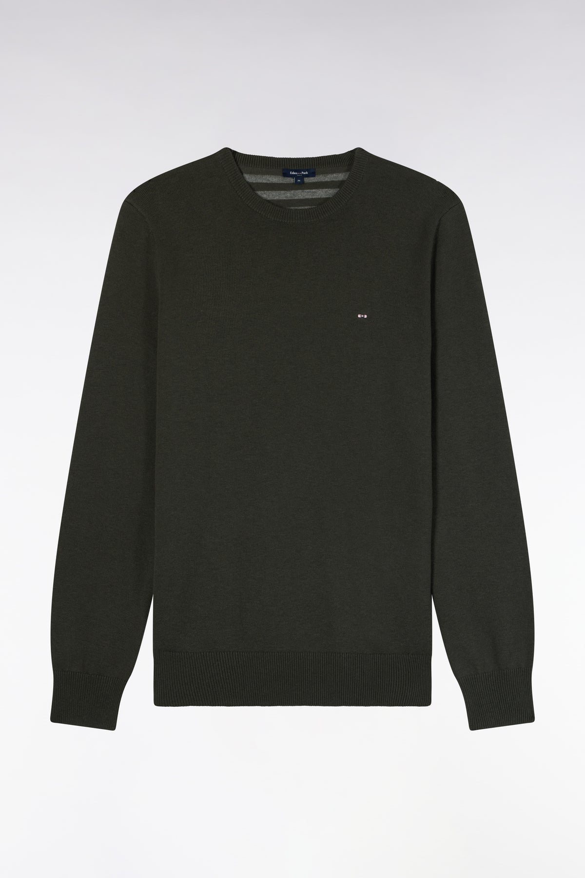 Pull col rond en laine et coton kaki coupe droite