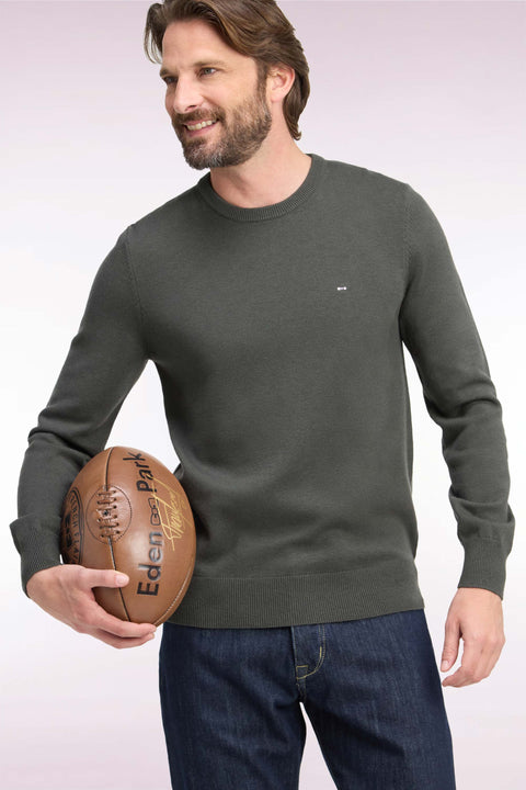 Pull col rond en laine et coton kaki coupe droite - Image 1