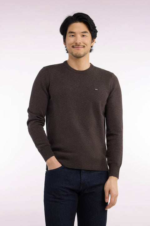 Pull col rond en laine et coton marron coupe droite - Image 3