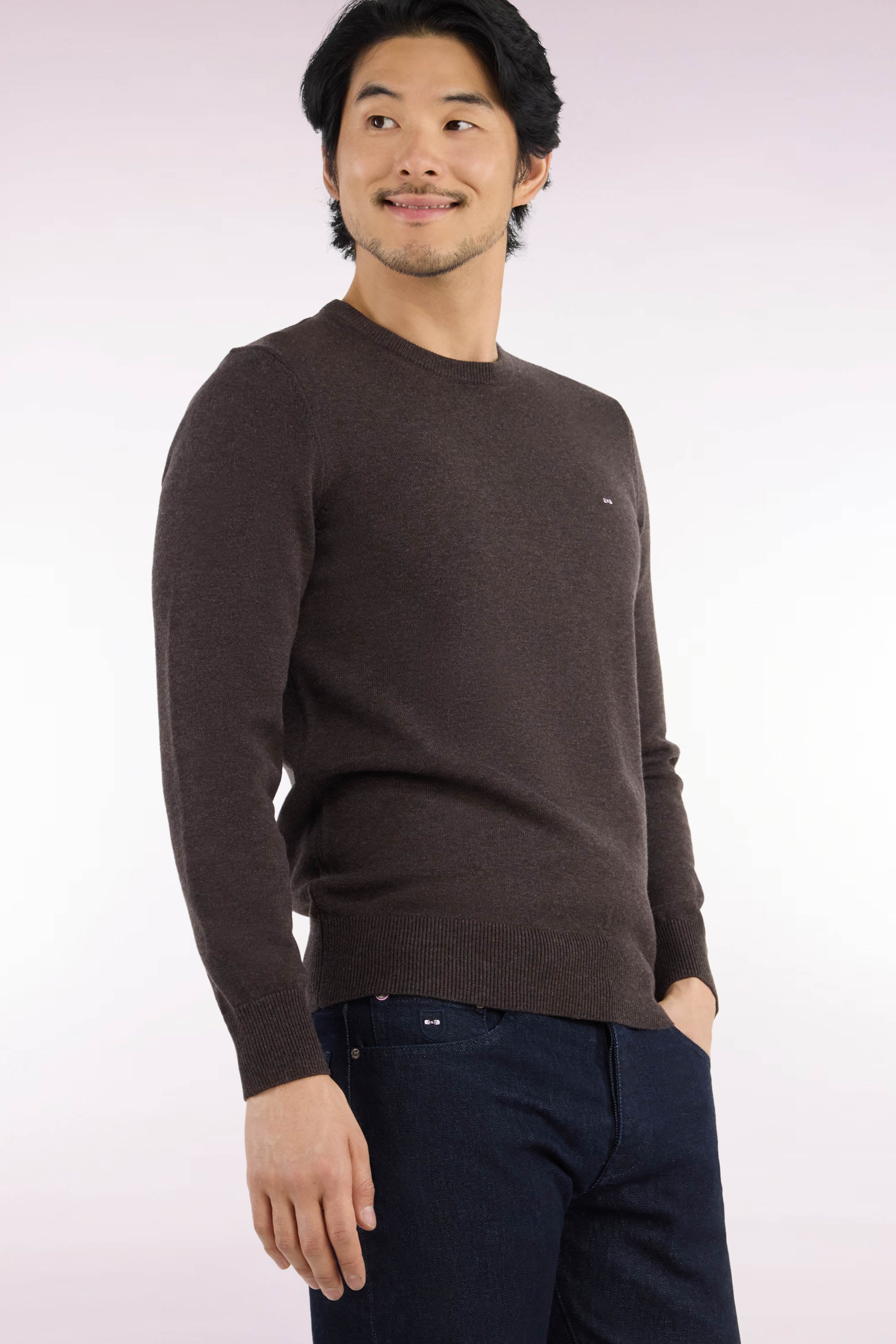 maglione girocollo in lana e coton marrone vestibilità dritta
