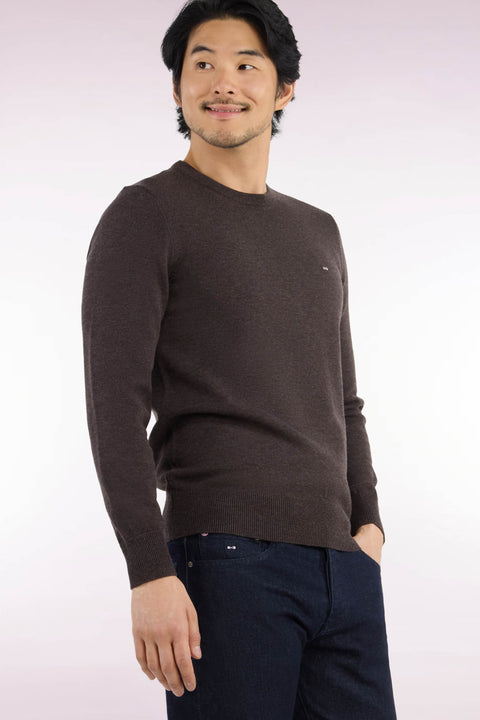 Pull col rond en laine et coton marron coupe droite - Image 1