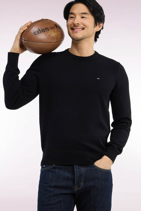 Pull col rond en laine et coton noir coupe droite - Image 1