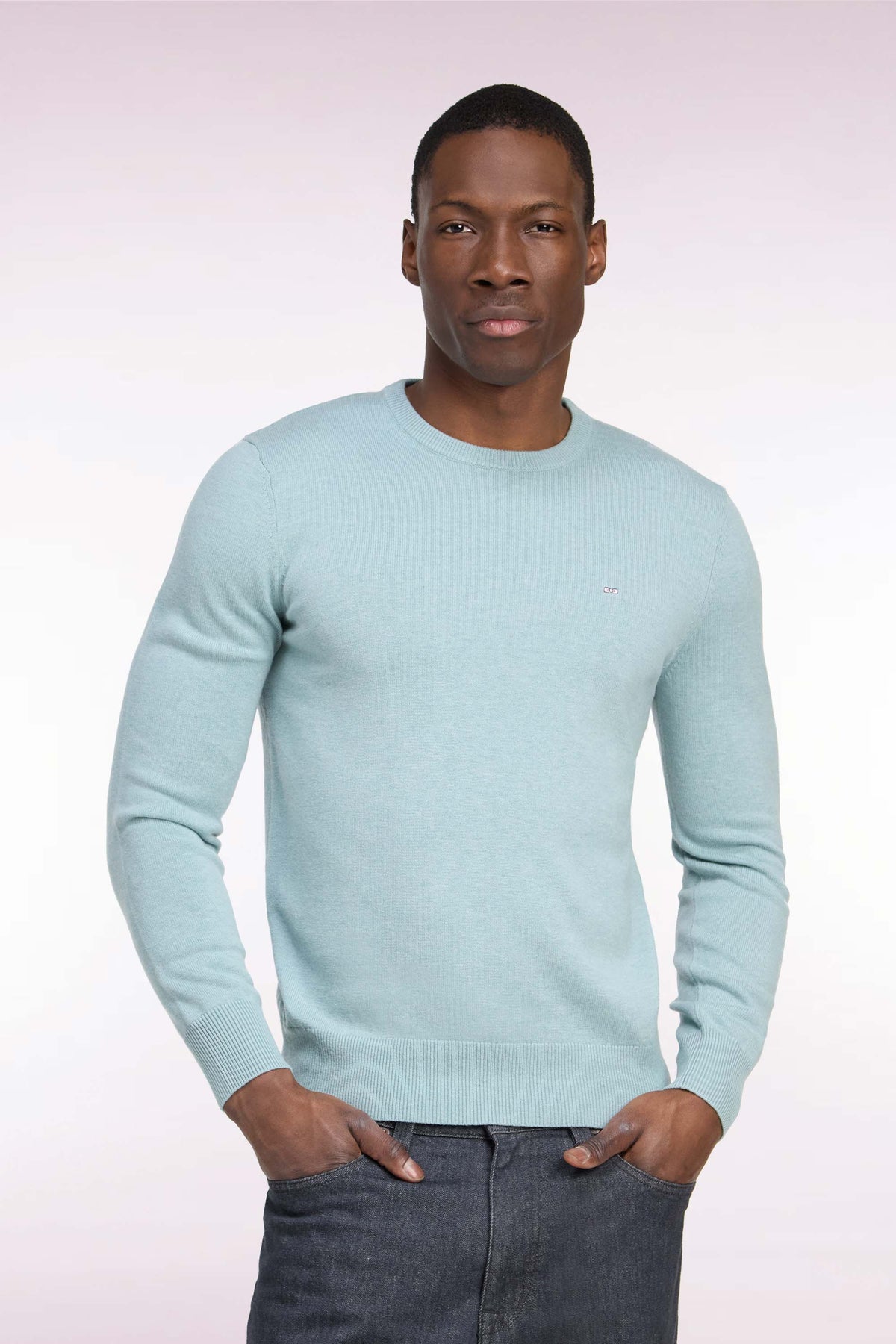Round neck sweater in water green wool and cotton, straight cut