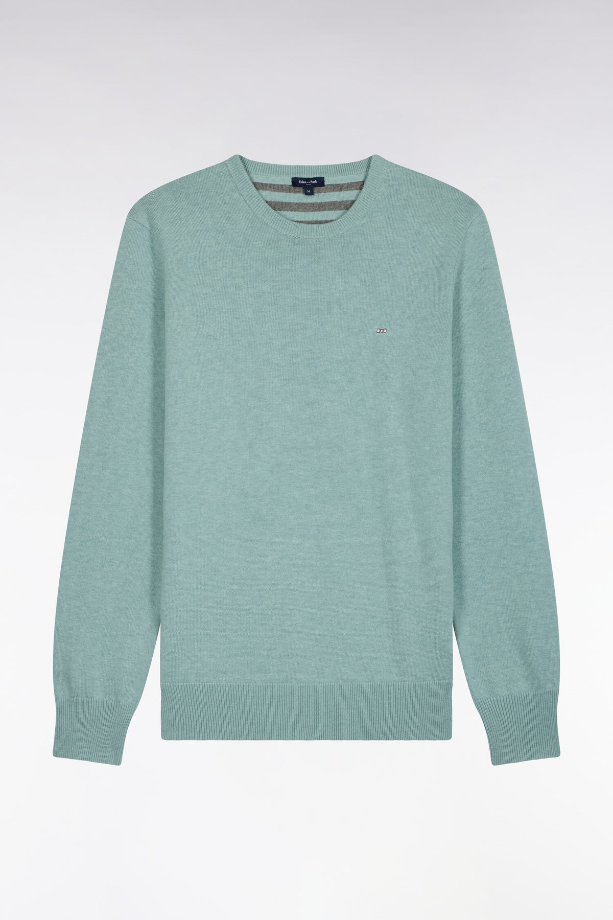Round neck sweater in water green wool and cotton, straight cut