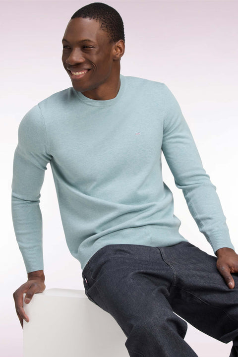 Pull col rond en laine et coton vert d'eau coupe droite - Image 1