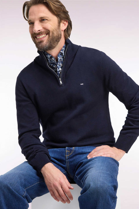 Pull col camionneur en laine et coton marine coupe droite - Image 1