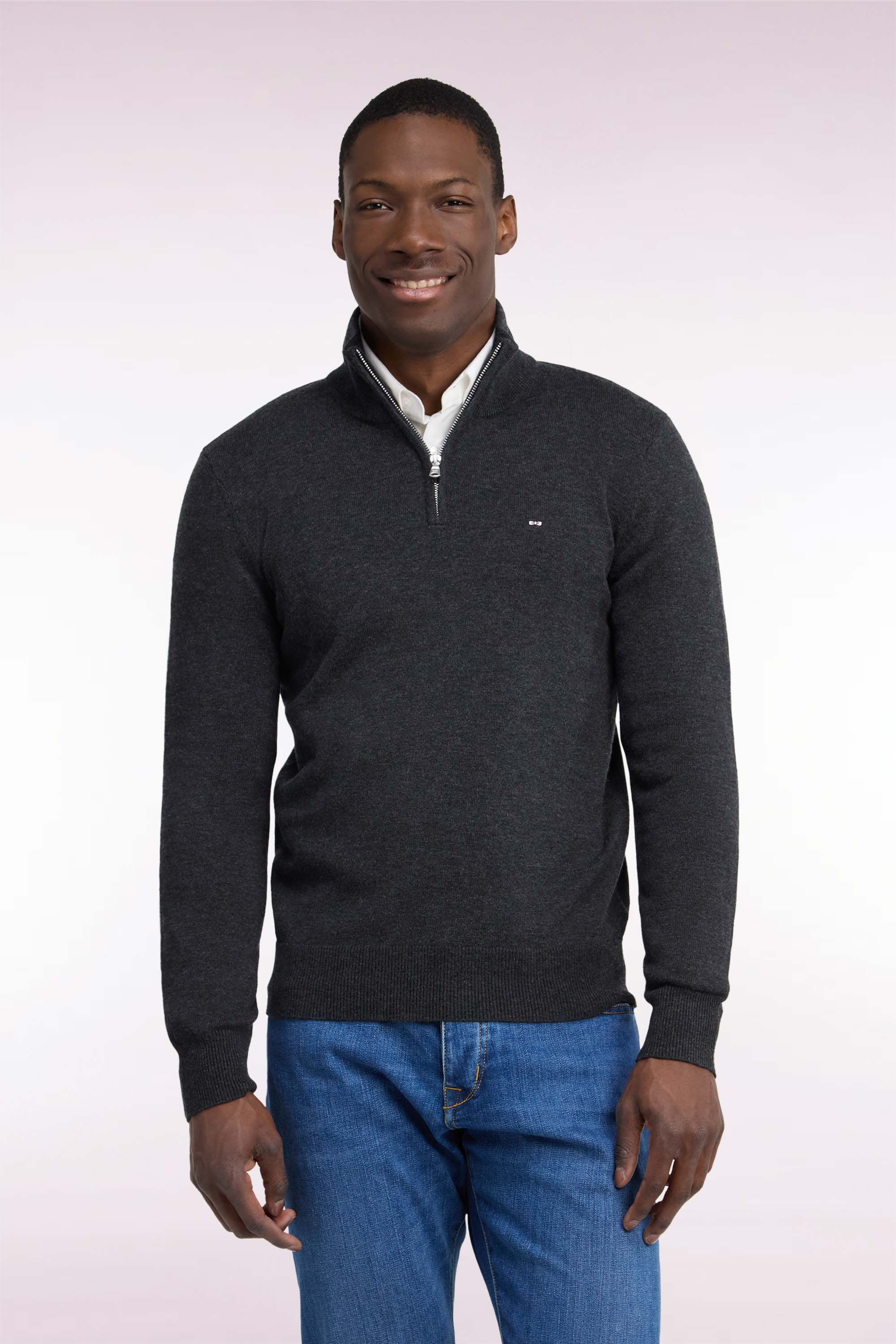 Pull col camionneur en laine et coton gris foncé coupe droite