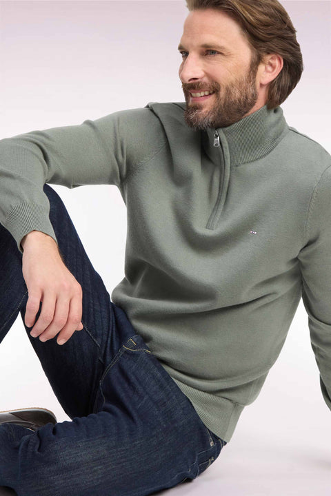 Pull col camionneur en laine et coton vert olive coupe droite - Image 1