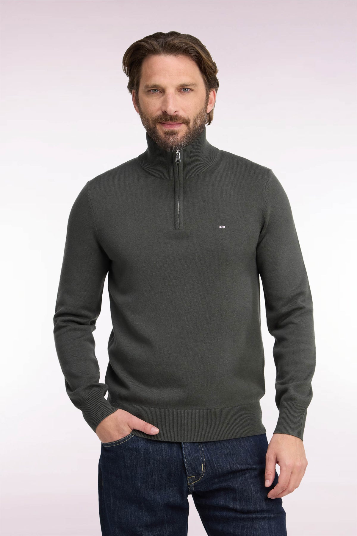 Pull col camionneur en laine et coton kaki coupe droite