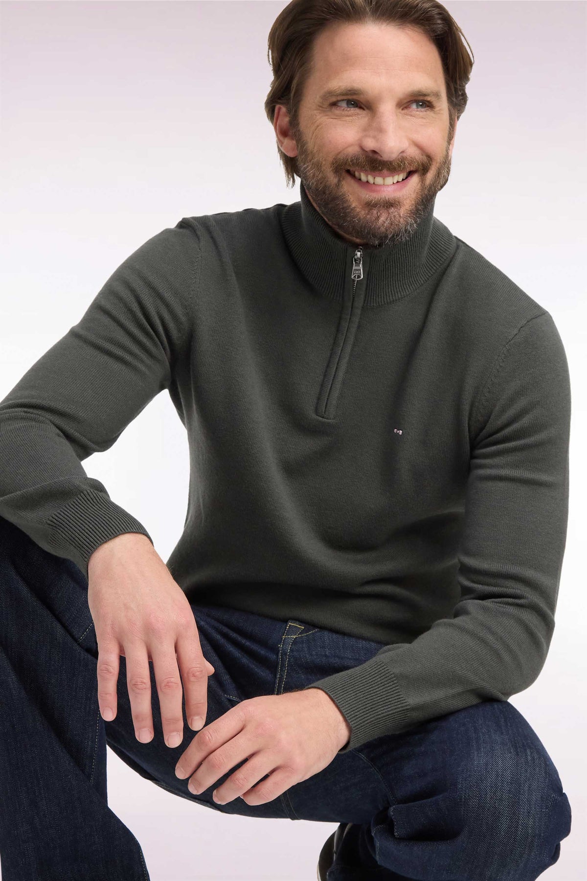 Pull col camionneur en laine et coton kaki coupe droite