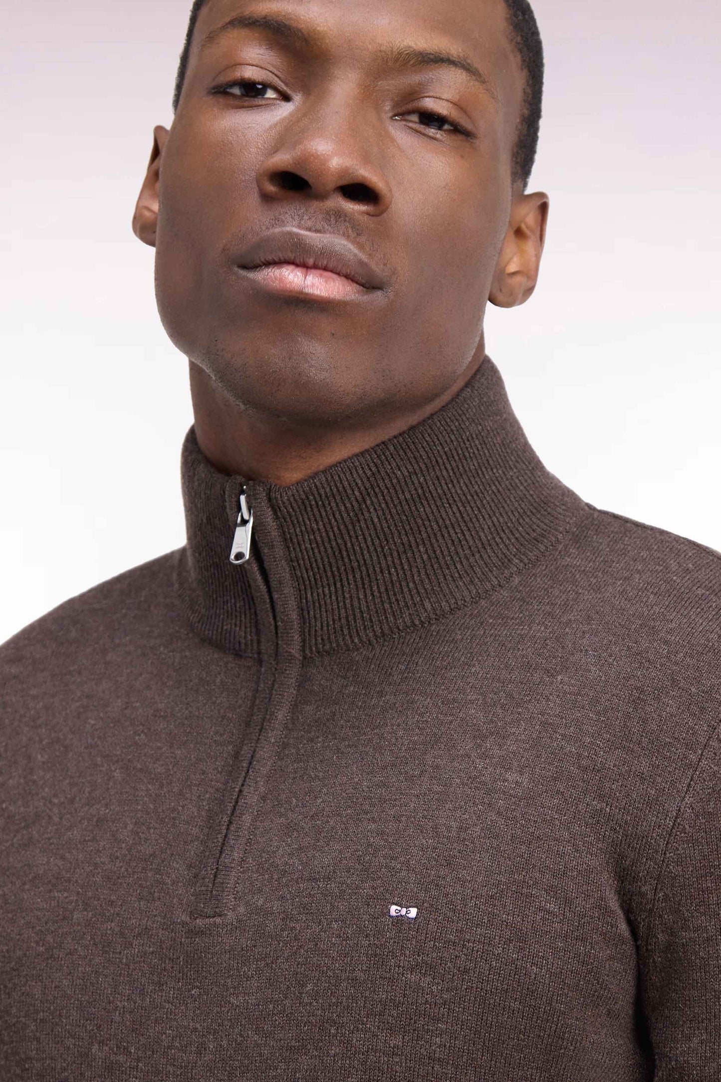 Pull col camionneur en laine et coton marron coupe droite