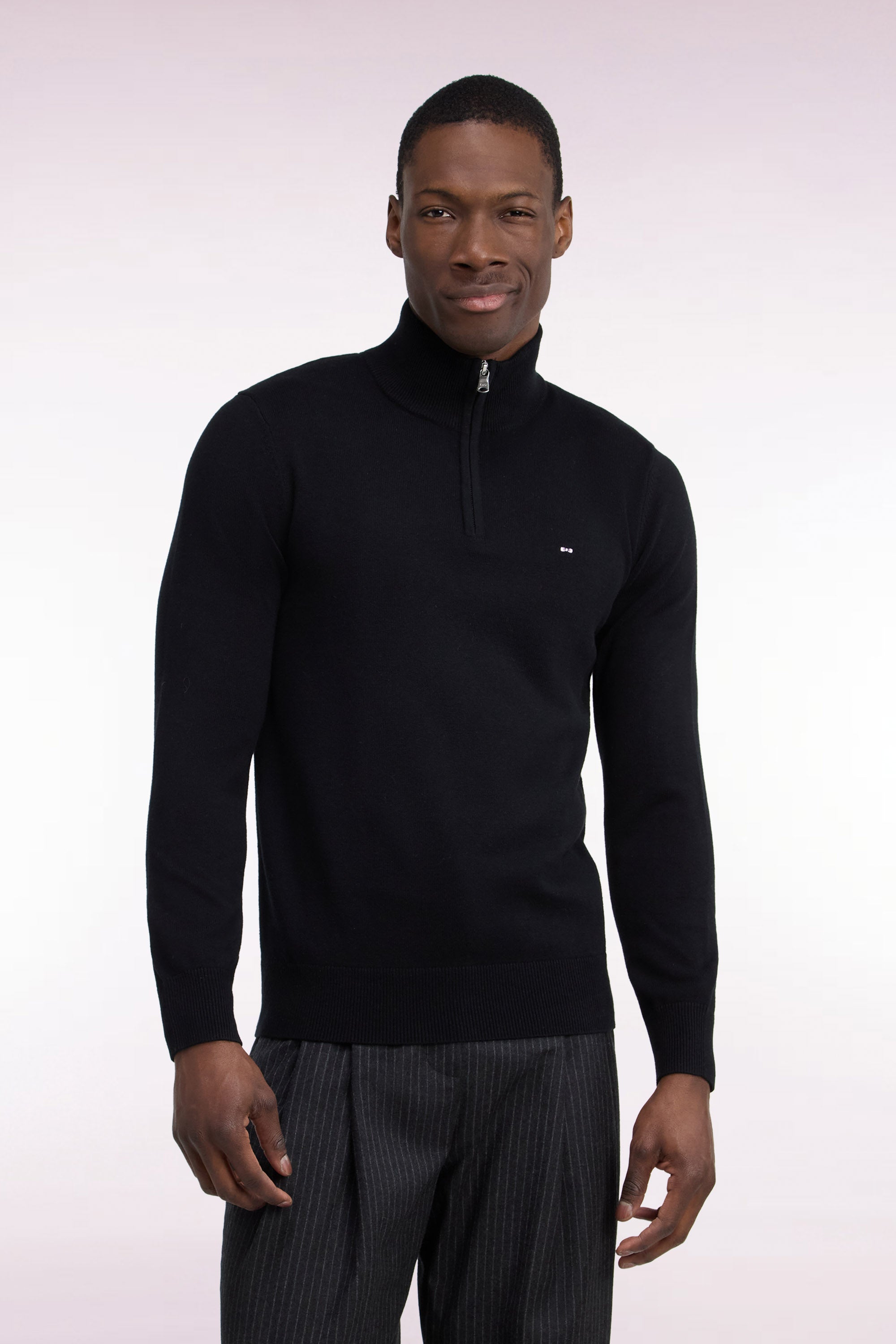 Pull col camionneur en laine et coton noir coupe droite