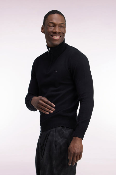 Pull col camionneur en laine et coton noir coupe droite - Image 1