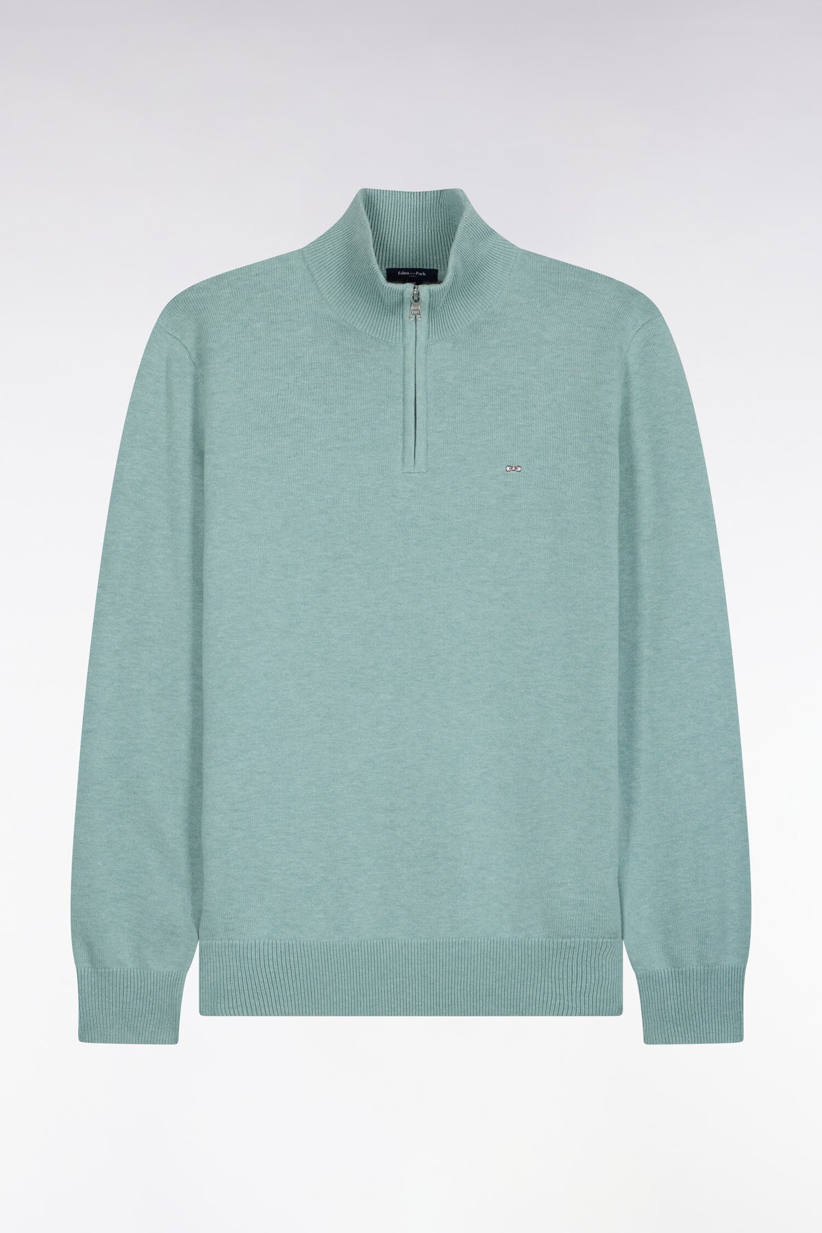 Straight cut water green wool and cotton trucker neck sweater