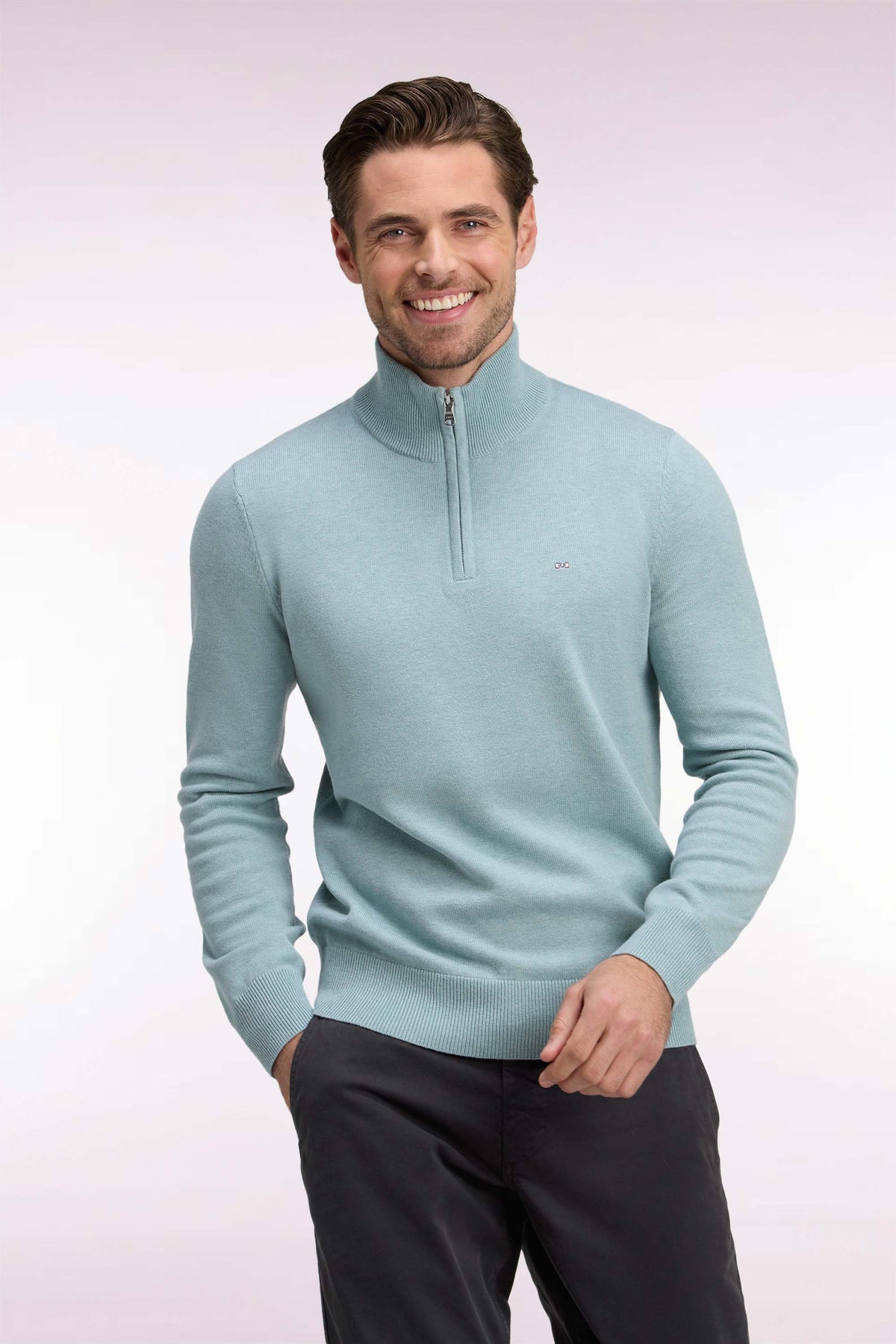 Straight cut water green wool and cotton trucker neck sweater