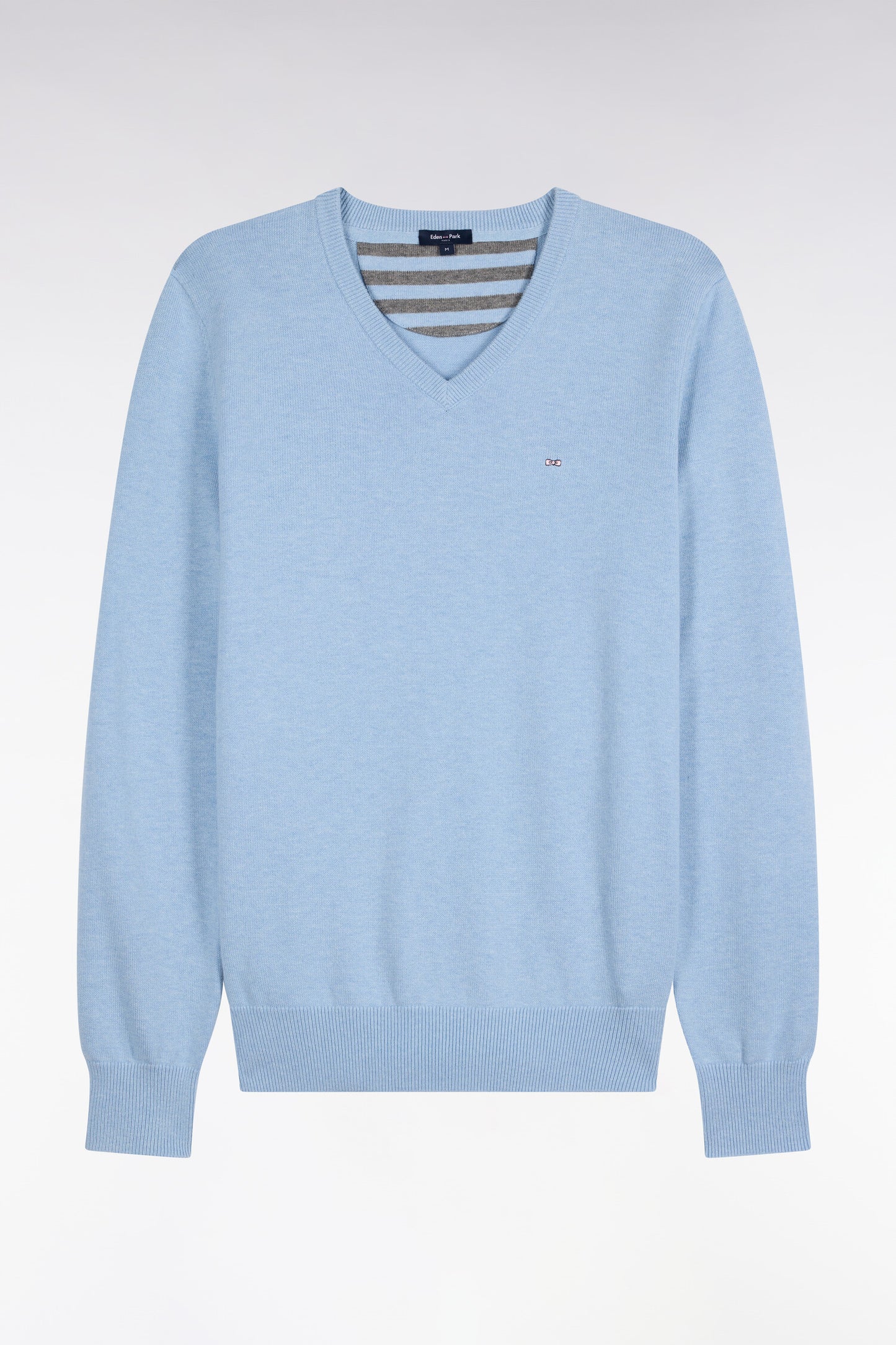Pull col V en laine et coton ciel coupe droite