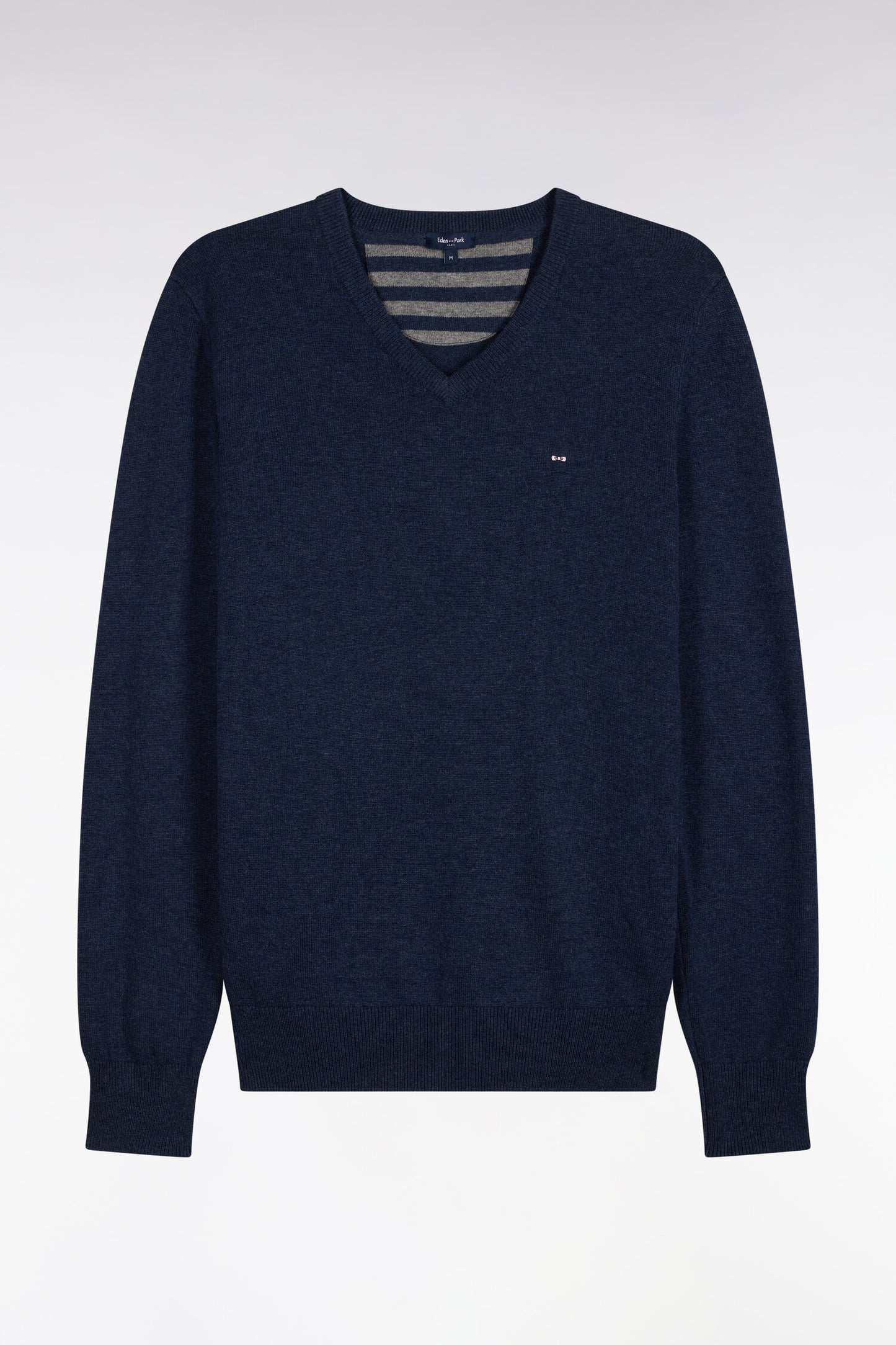Pull col V en laine et coton bleu coupe droite