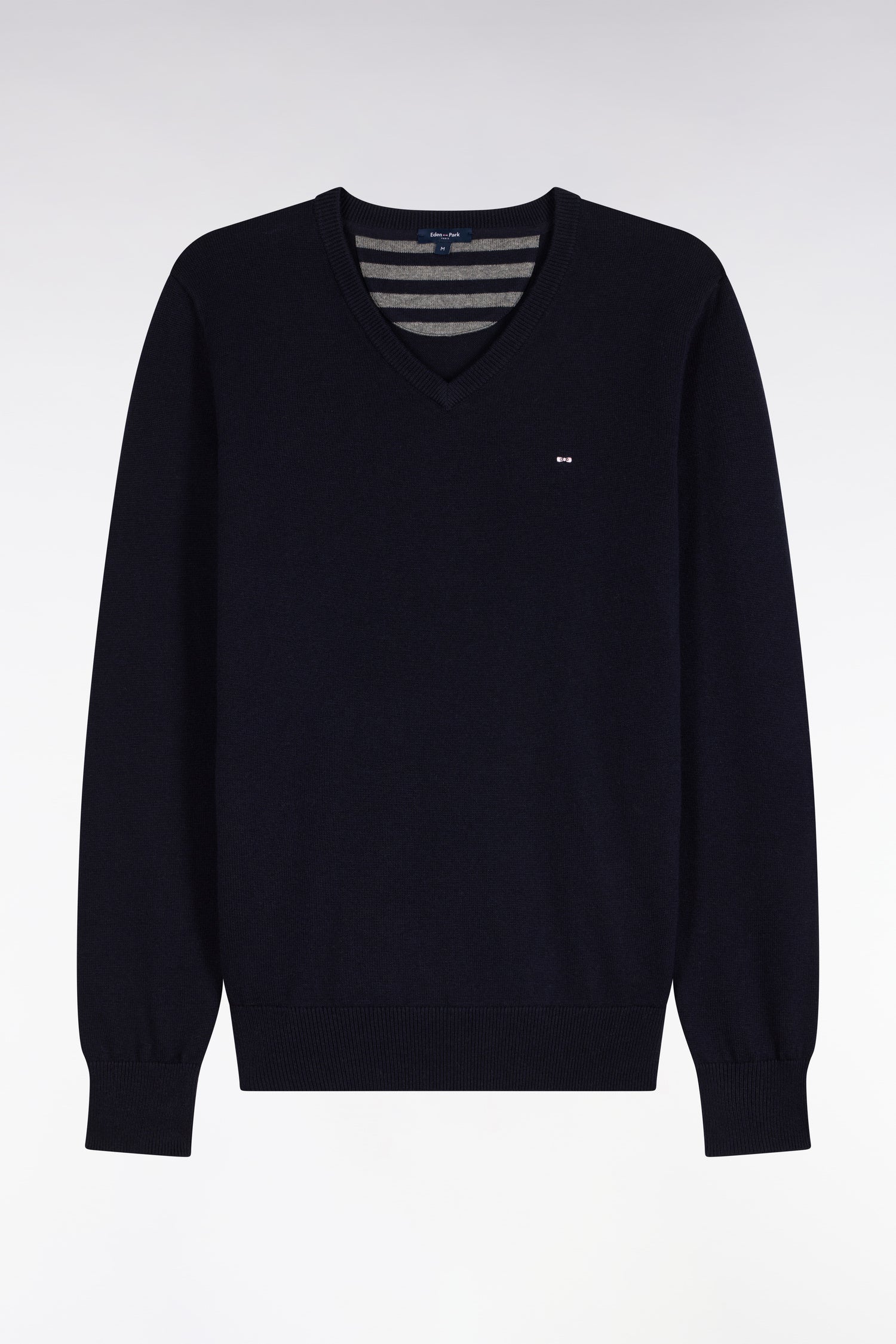 Pull col V en laine et coton marine coupe droite