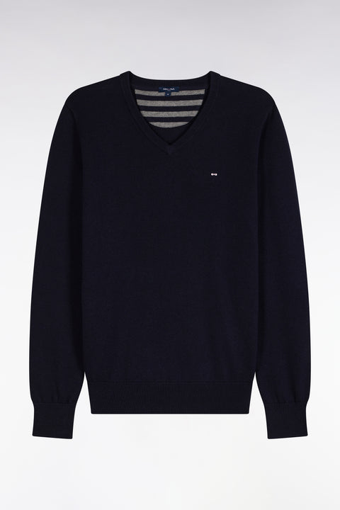 Pull col V en laine et coton marine coupe droite - Image 2
