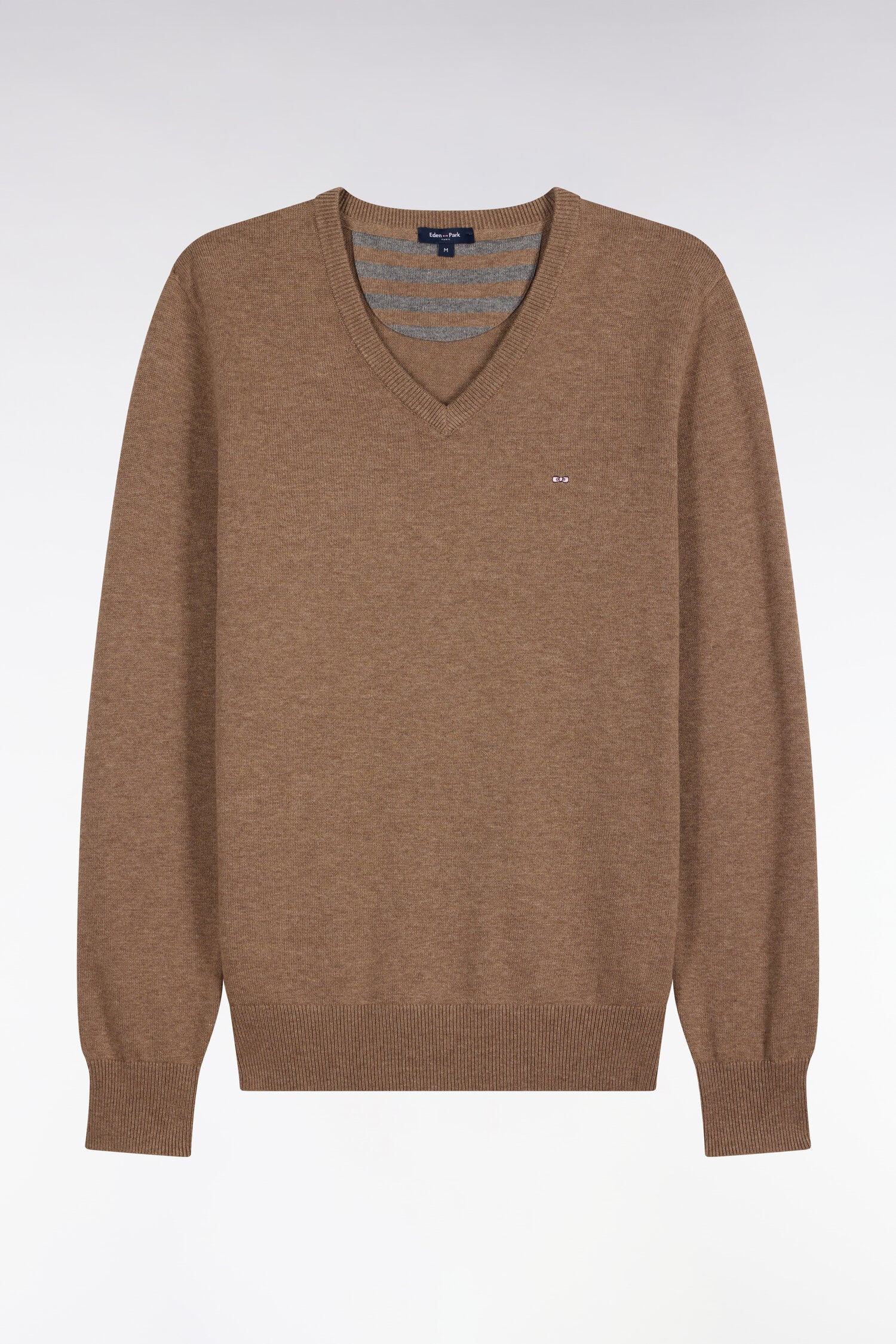 Pull col V en laine et coton marron coupe droite
