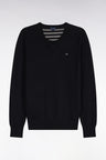 Straight cut black wool and cotton V-neck sweater