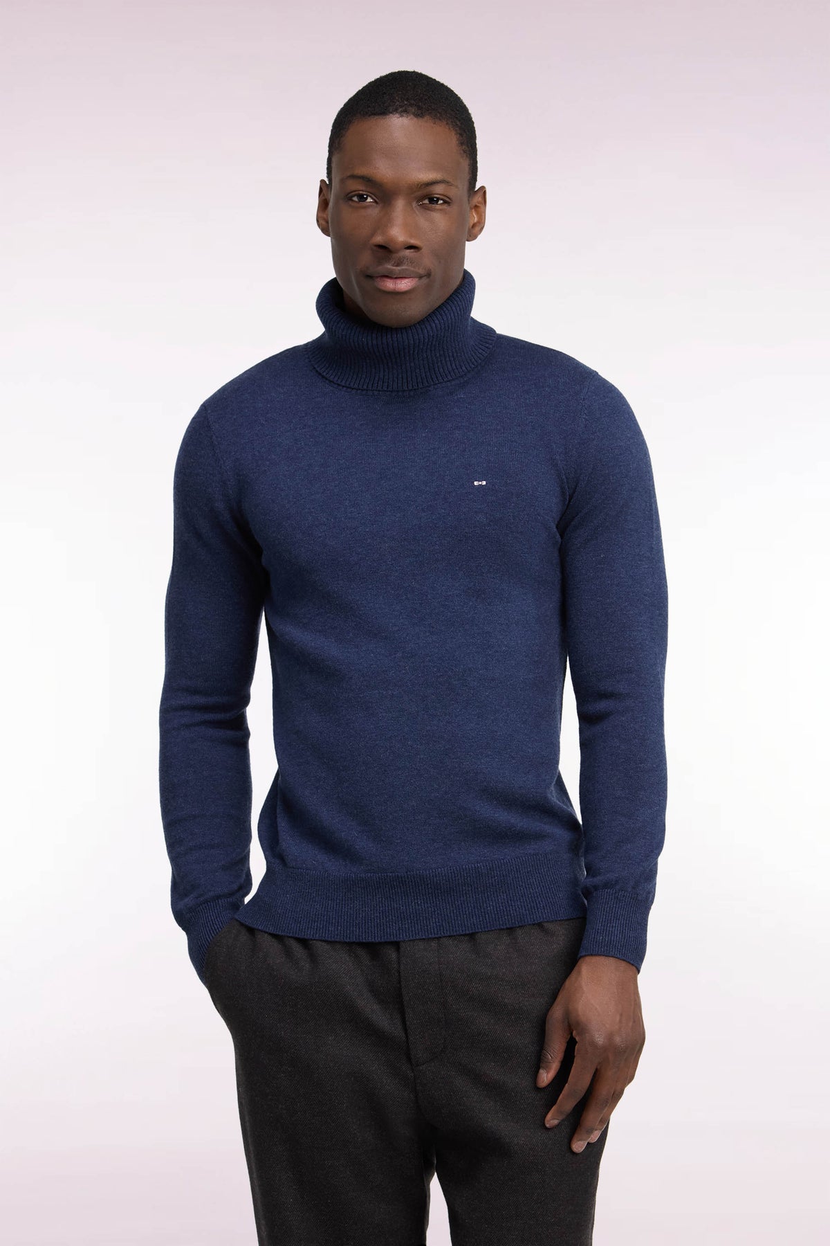 Straight cut blue wool and cotton turtleneck sweater