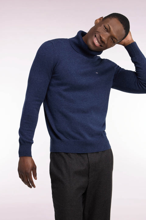 Pull col roulé en laine et coton bleu coupe droite - Image 1