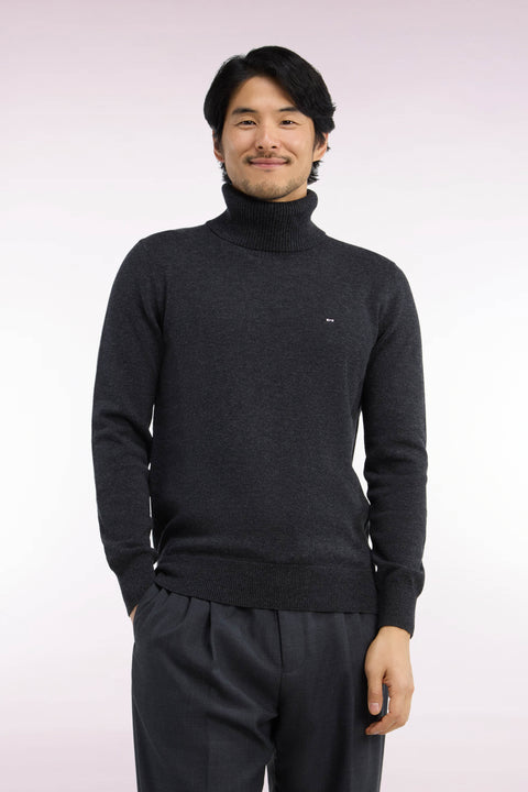 Pull col roulé en laine et coton gris foncé coupe droite - Image 3